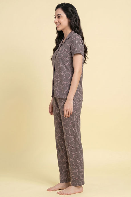 Zivame Apple Print Knit Cotton Pyjama Set - Dark Gull Gray — image 2